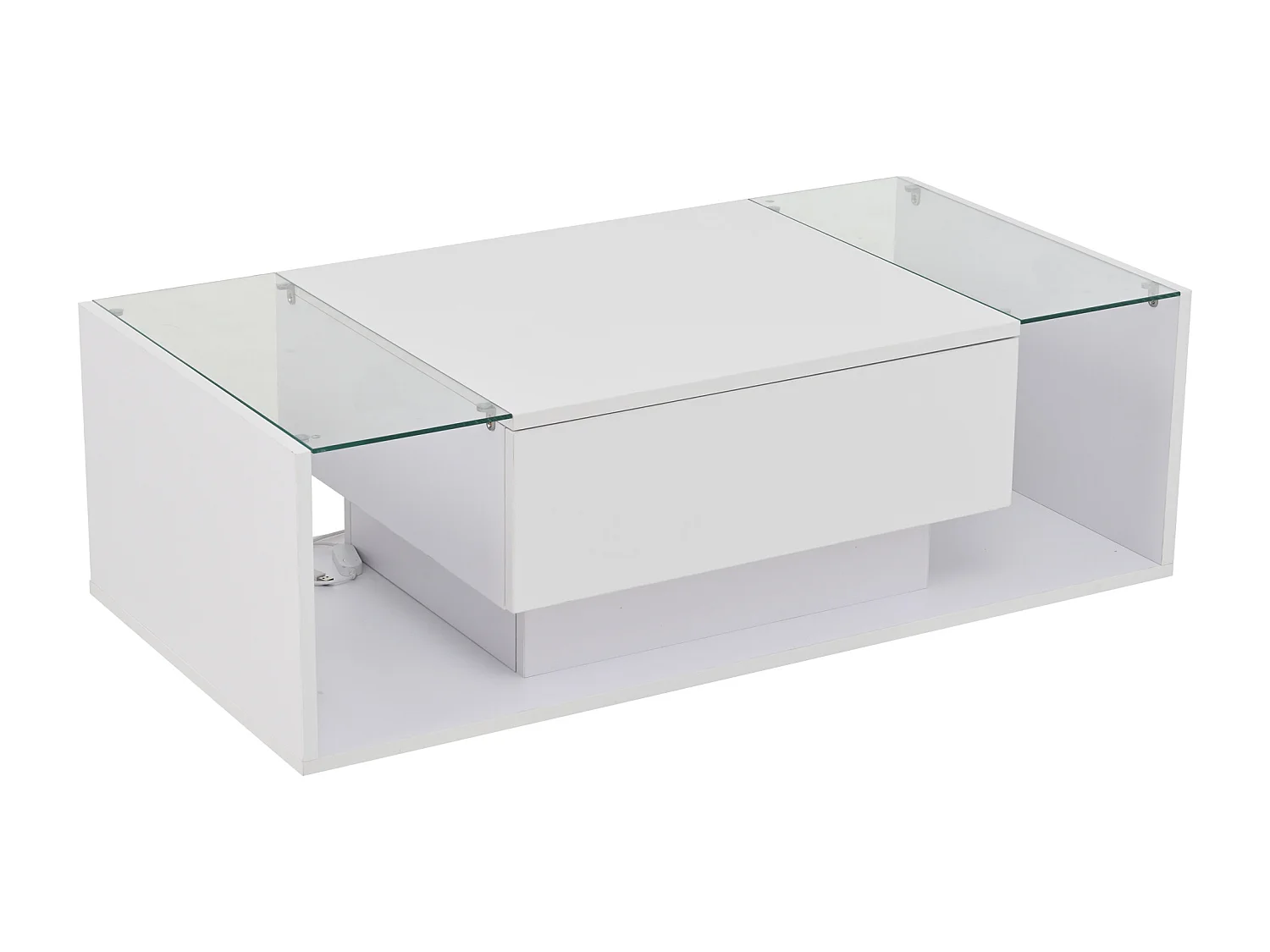 Table basse blanche avec tiroir et éclairage LED, table d'appoint en verre trempé 100x50x31cm