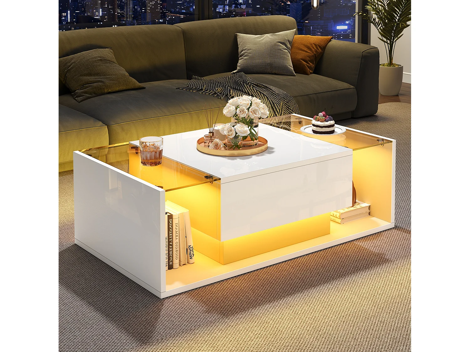 Table basse blanche avec tiroir et éclairage LED, table d'appoint en verre trempé 100x50x31cm