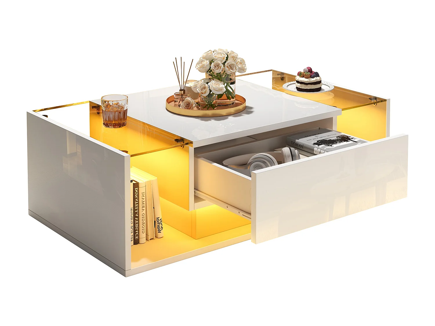 Table basse blanche avec tiroir et éclairage LED, table d'appoint en verre trempé 100x50x31cm