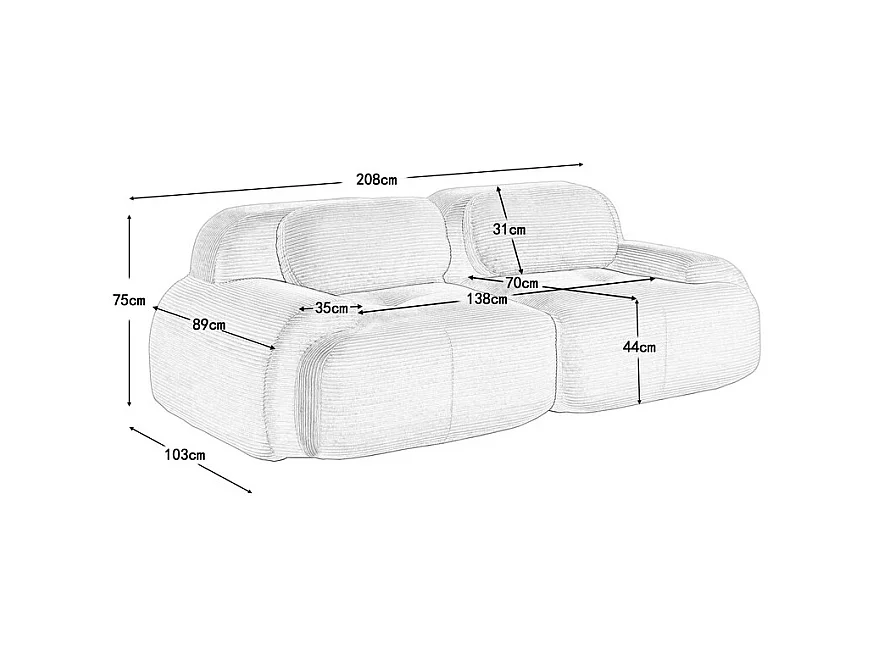 Canapé 2 places modulable en Velours côtelé - avec 2 oreillers - 208x103x75cm - Gris