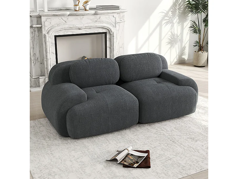 Canapé 2 places modulable en Velours côtelé - avec 2 oreillers - 208x103x70cm - Gris