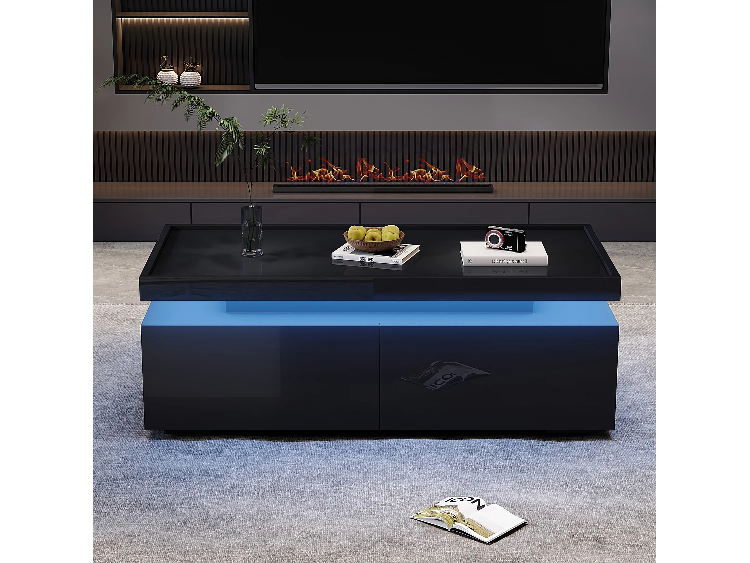 Table basse noire avec 2 tiroirs et éclairage LED texturé brillant 95x45x35cm