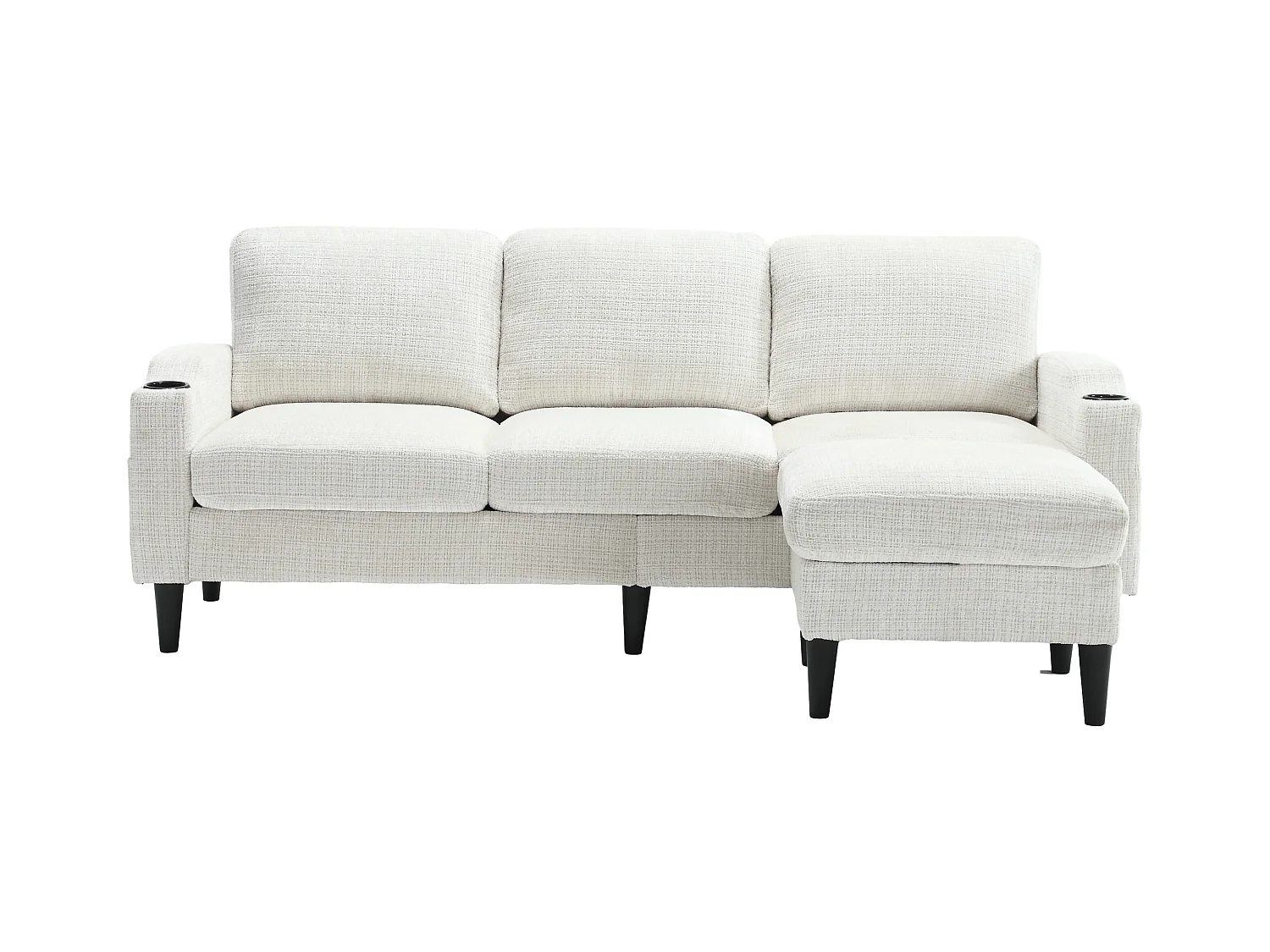 Canapé droit 4 places beige avec repose-pied de rangement, poches latérale et porte-gobelet 196,5 x 75 x 77 cm