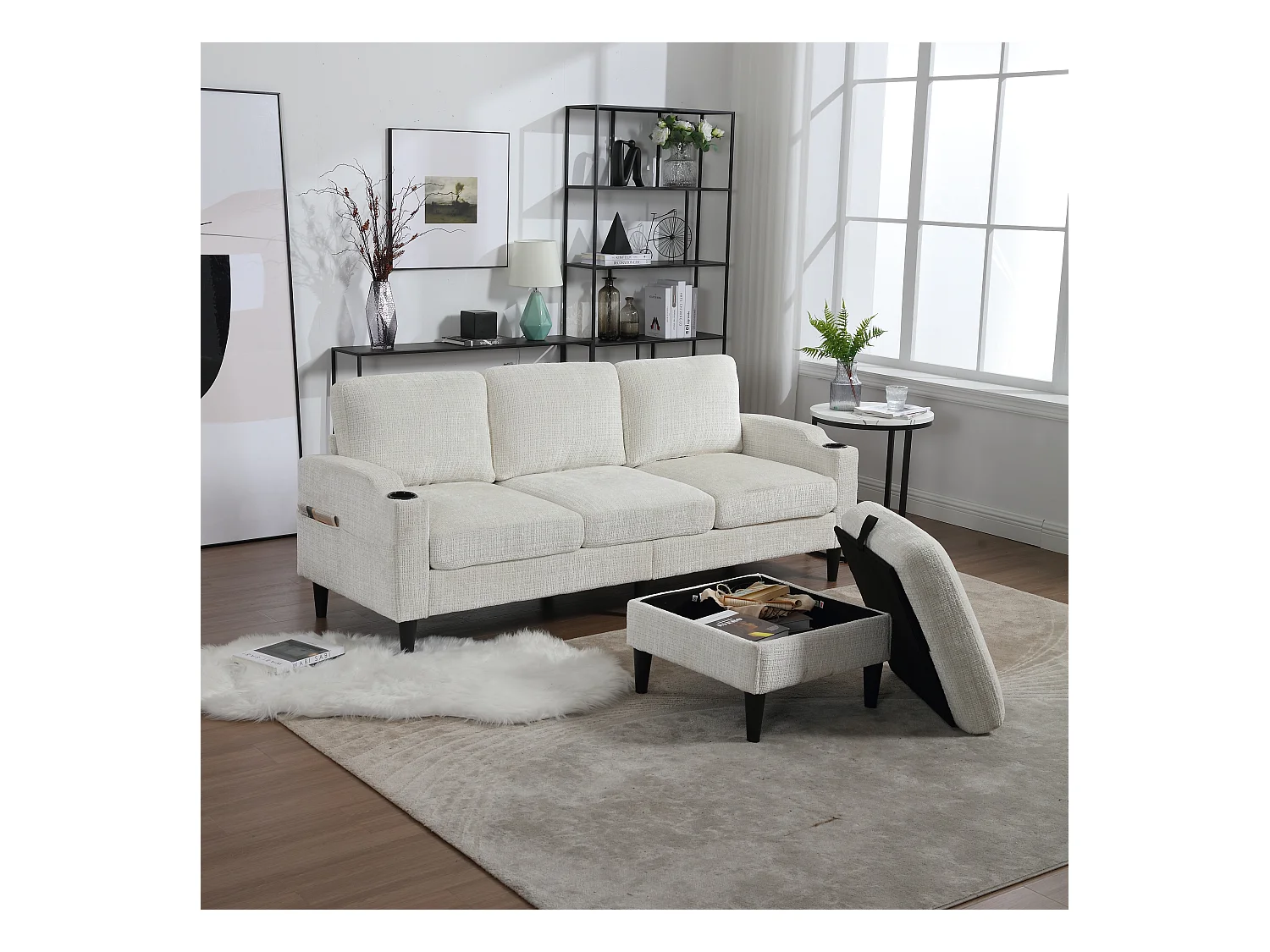 Canapé droit 4 places beige avec repose-pied de rangement, poches latérale et porte-gobelet 196,5 x 75 x 77 cm