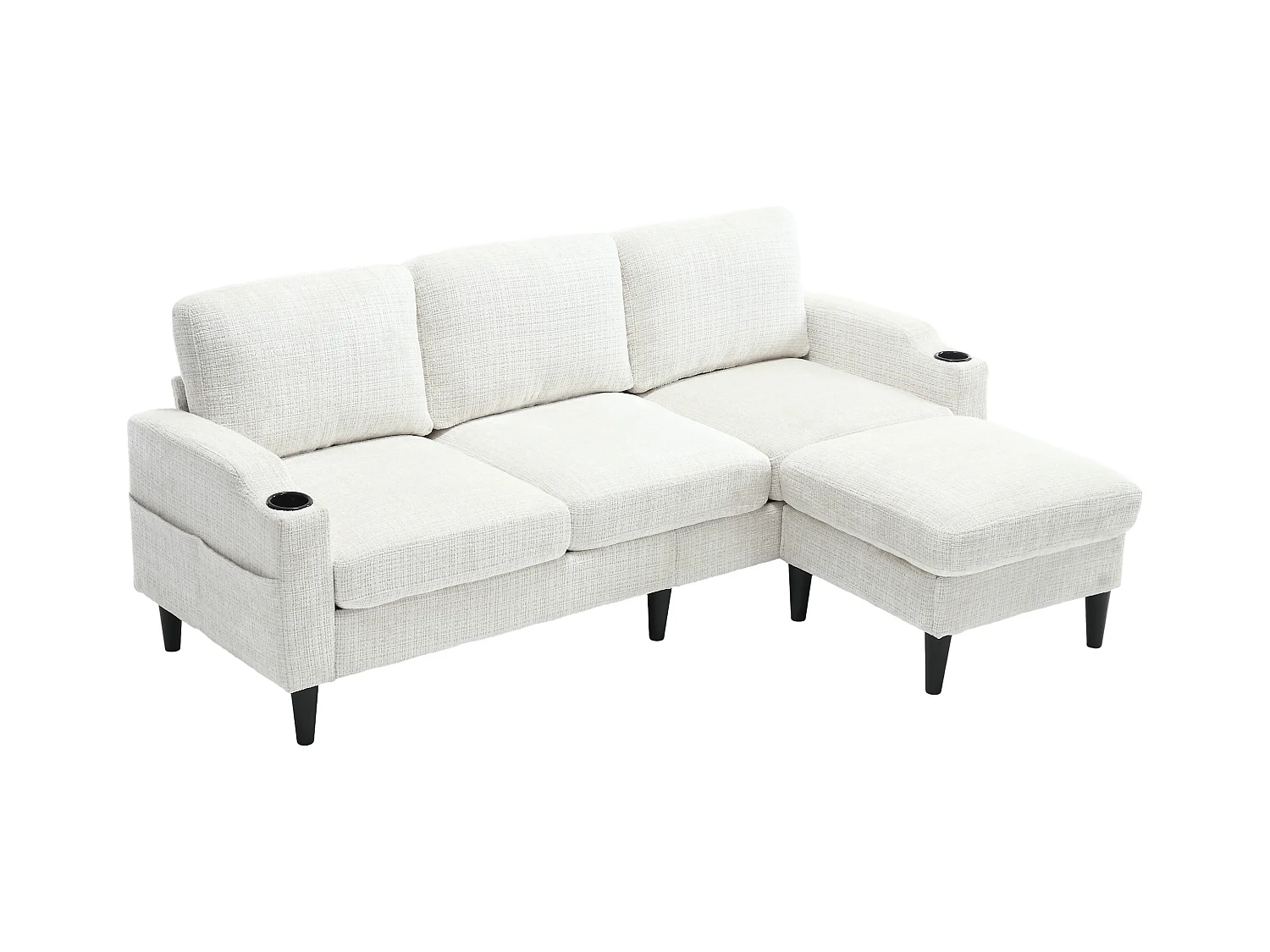 Canapé droit 4 places beige avec repose-pied de rangement, poches latérale et porte-gobelet 196,5 x 75 x 77 cm