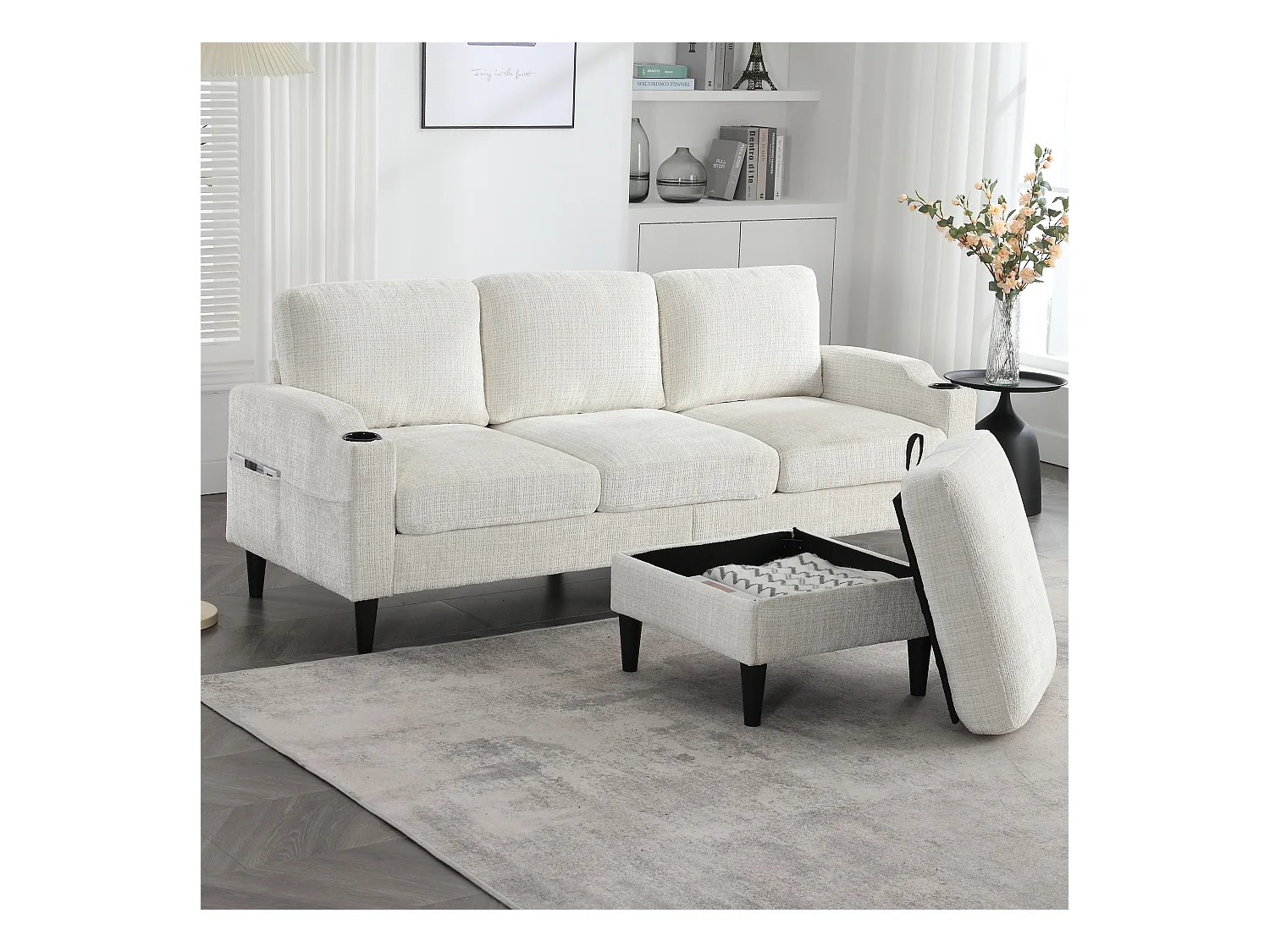 Divano dritto beige a 4 posti con poggiapiedi contenitore, tasche laterali e portabicchieri 196,5 x 75 x 77 cm