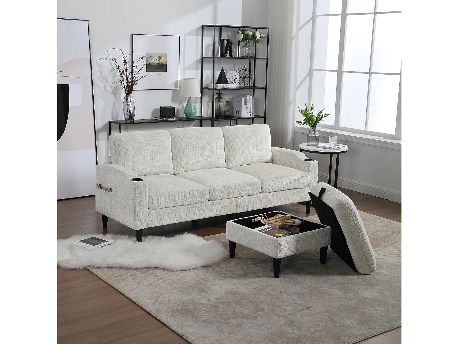 Canapé droit 4 places beige avec repose-pied de rangement, poches latérale et porte-gobelet 196,5 x 75 x 77 cm