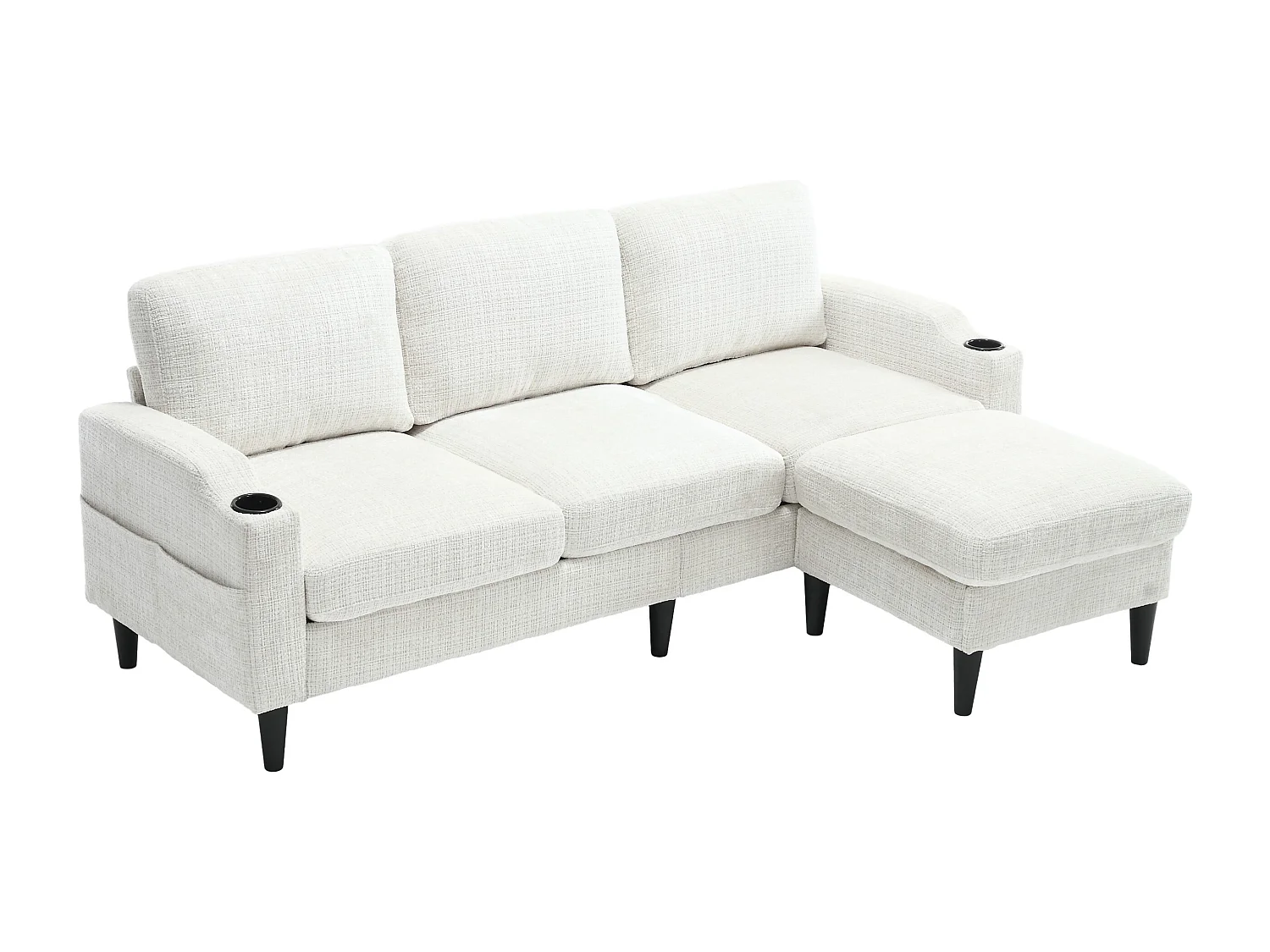 Canapé droit 4 places beige avec repose-pied de rangement, poches latérale et porte-gobelet 196,5 x 75 x 77 cm