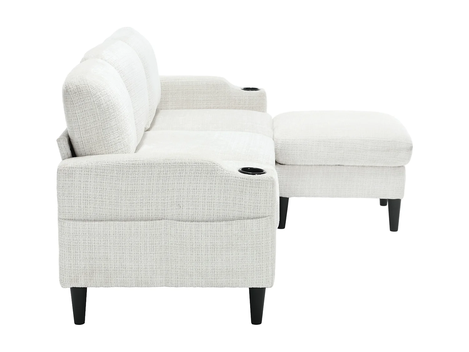 Canapé droit 4 places beige avec repose-pied de rangement, poches latérale et porte-gobelet 196,5 x 75 x 77 cm