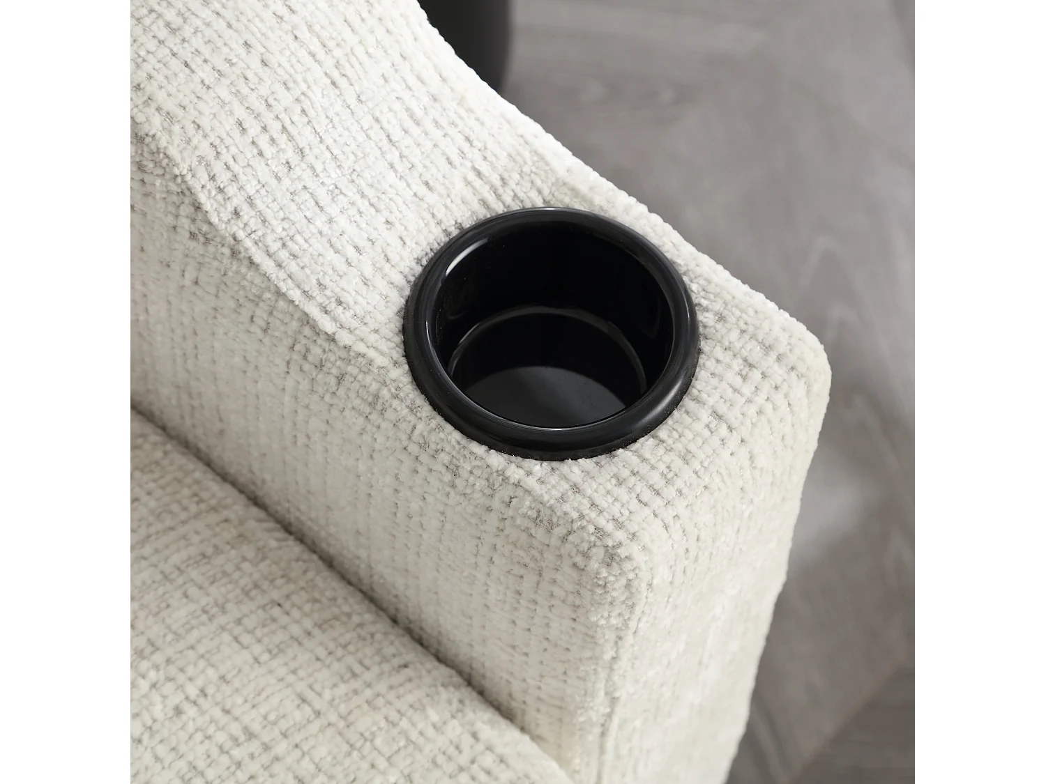 Canapé droit 4 places beige avec repose-pied de rangement, poches latérale et porte-gobelet 196,5 x 75 x 77 cm