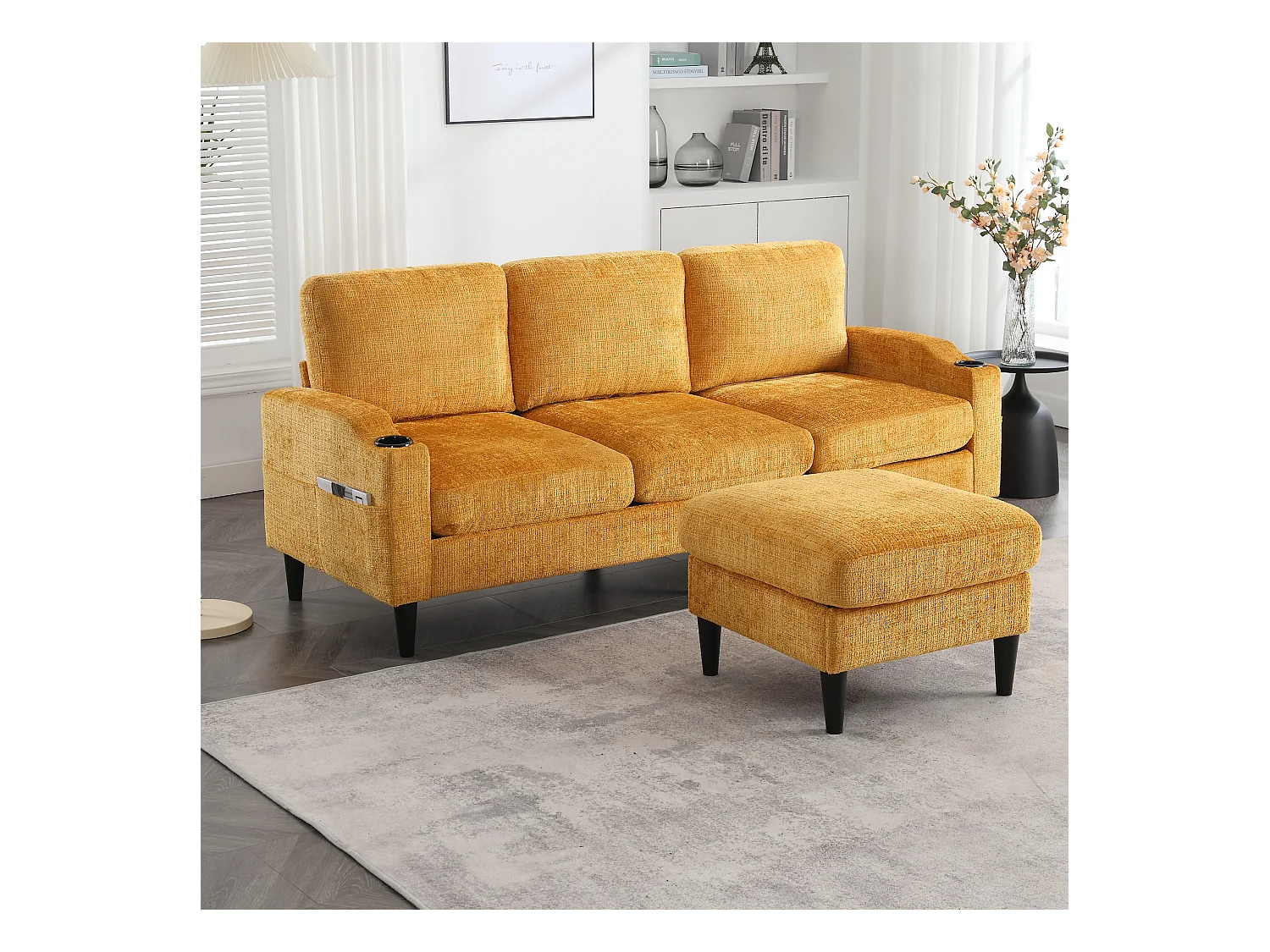 Canapé droit 4 places jaune avec repose-pied de rangement, poches latérale et porte-gobelet 196,5 x 75 x 77 cm