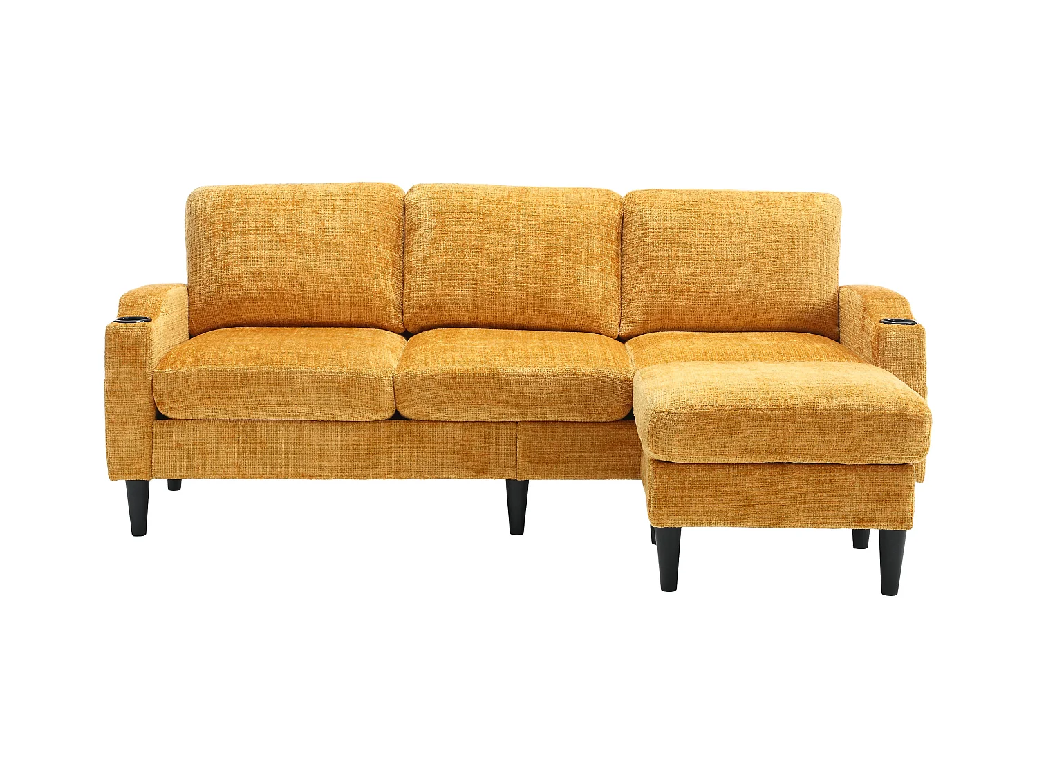 Canapé droit 4 places jaune avec repose-pied de rangement, poches latérale et porte-gobelet 196,5 x 75 x 77 cm