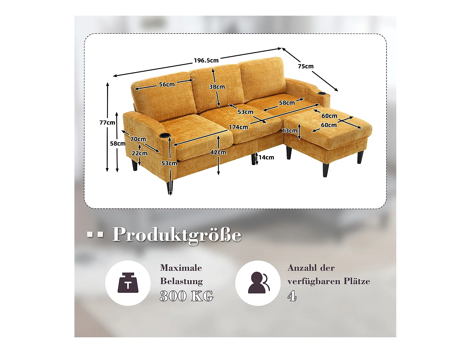 Canapé droit 4 places jaune avec repose-pied de rangement, poches latérale et porte-gobelet 196,5 x 75 x 77 cm