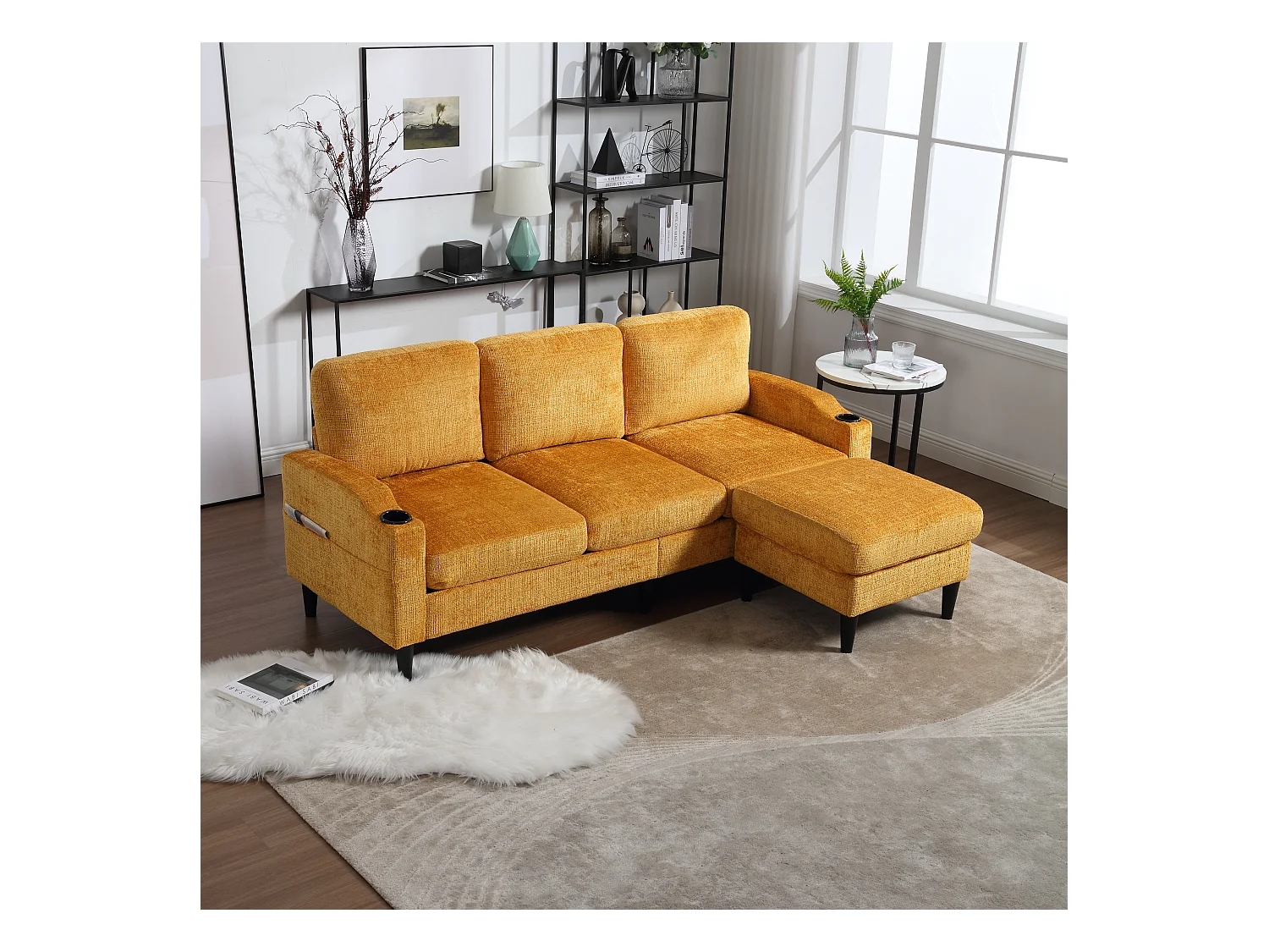 Canapé droit 4 places jaune avec repose-pied de rangement, poches latérale et porte-gobelet 196,5 x 75 x 77 cm