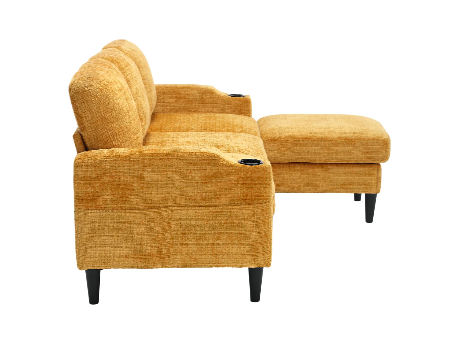 Canapé droit 4 places jaune avec repose-pied de rangement, poches latérale et porte-gobelet 196,5 x 75 x 77 cm