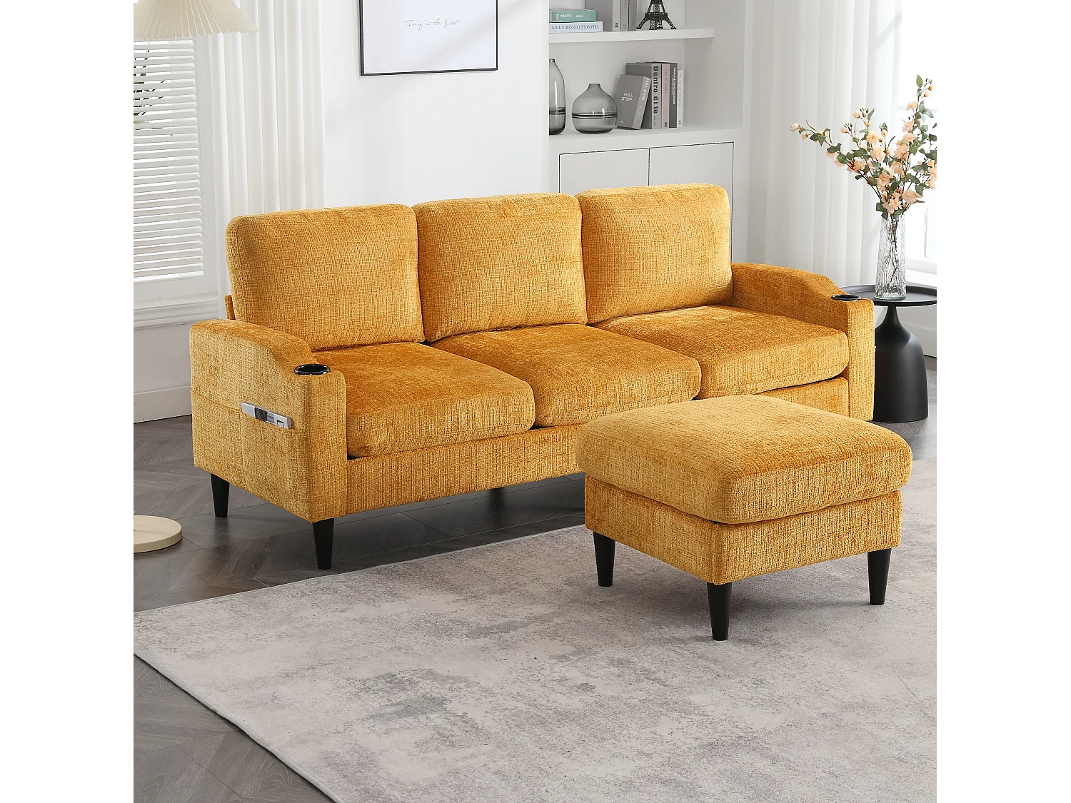 Canapé droit 4 places jaune avec repose-pied de rangement, poches latérale et porte-gobelet 196,5 x 75 x 77 cm