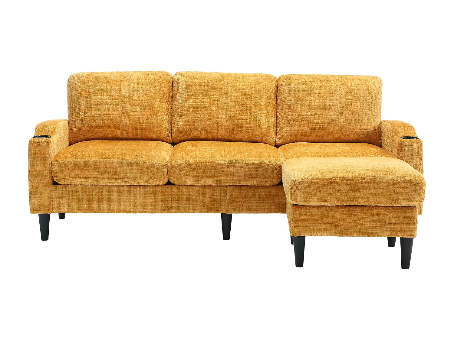Canapé droit 4 places jaune avec repose-pied de rangement, poches latérale et porte-gobelet 196,5 x 75 x 77 cm