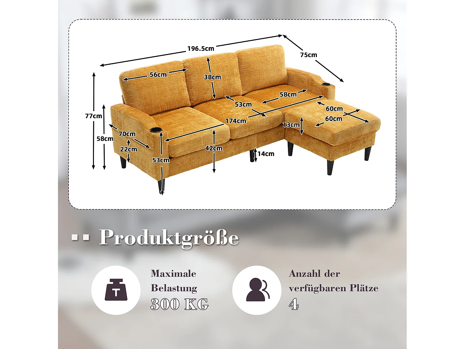 Canapé droit 4 places jaune avec repose-pied de rangement, poches latérale et porte-gobelet 196,5 x 75 x 77 cm