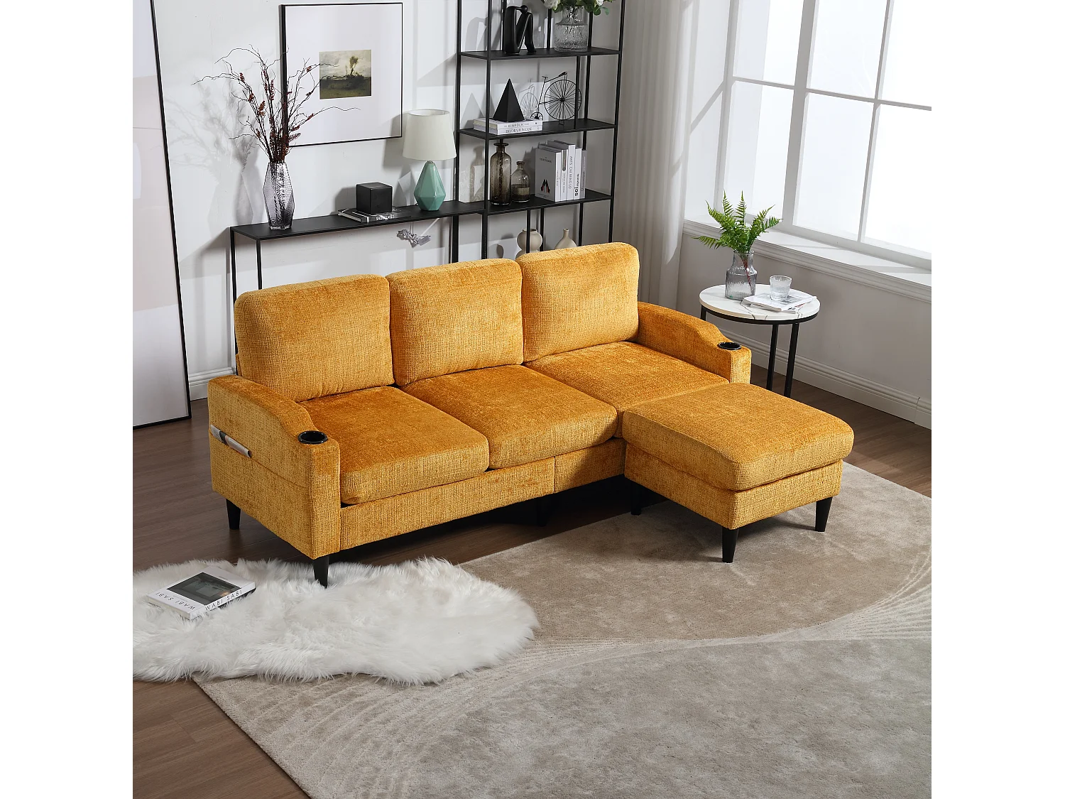 Canapé droit 4 places jaune avec repose-pied de rangement, poches latérale et porte-gobelet 196,5 x 75 x 77 cm