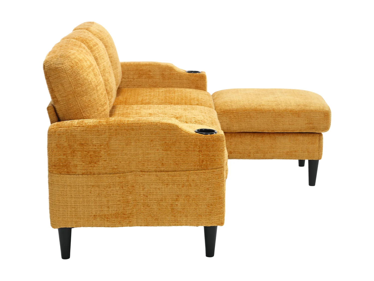 Canapé droit 4 places jaune avec repose-pied de rangement, poches latérale et porte-gobelet 196,5 x 75 x 77 cm