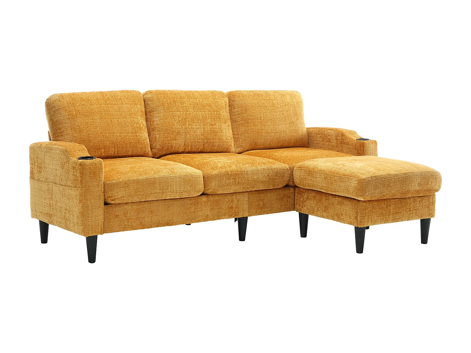 Canapé droit 4 places jaune avec repose-pied de rangement, poches latérale et porte-gobelet 196,5 x 75 x 77 cm
