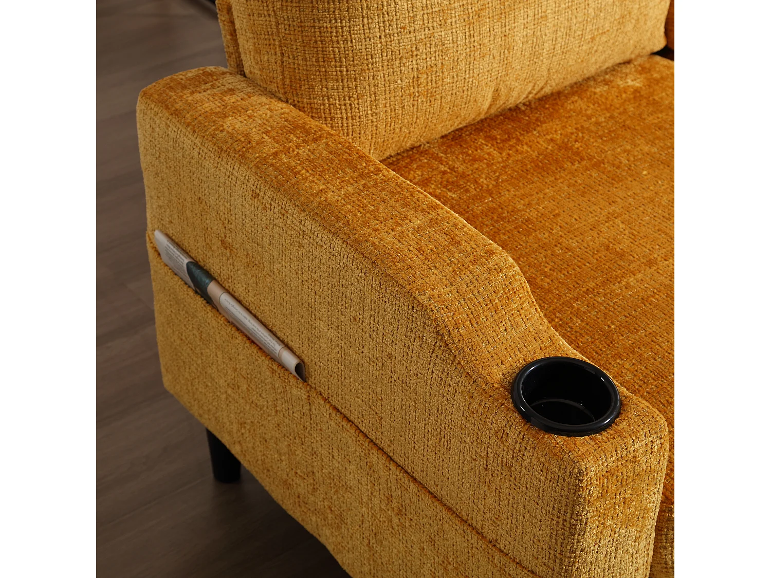 Canapé droit 4 places jaune avec repose-pied de rangement, poches latérale et porte-gobelet 196,5 x 75 x 77 cm