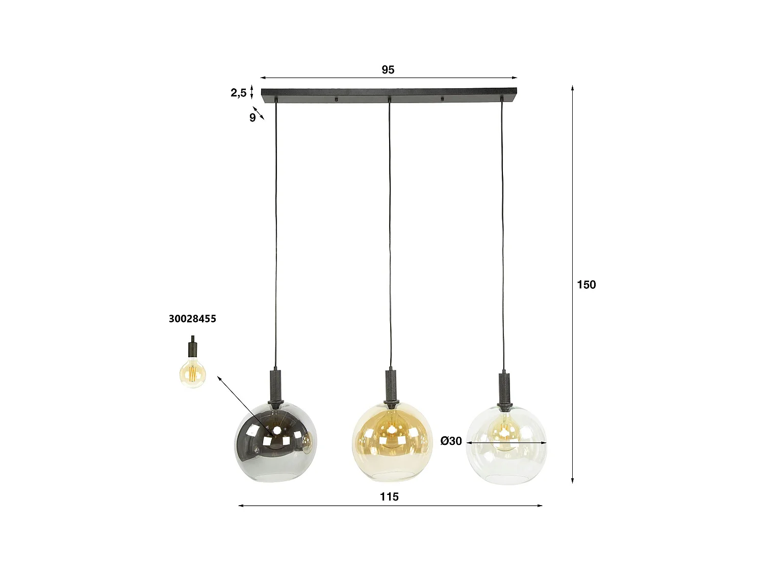 Suspension îlot cuisine 3 globes multicolores NOVA