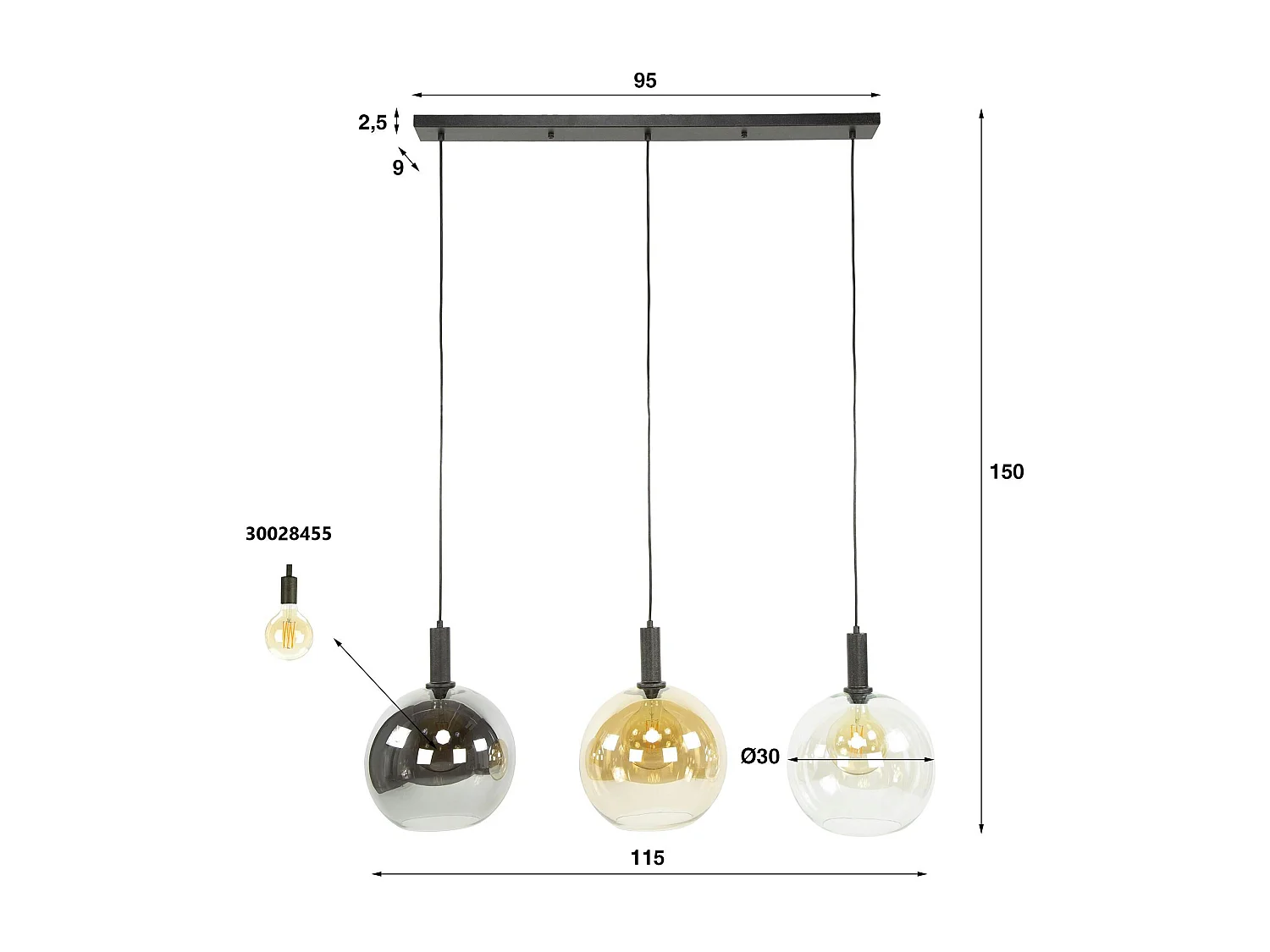 Suspension îlot cuisine 3 globes multicolores NOVA