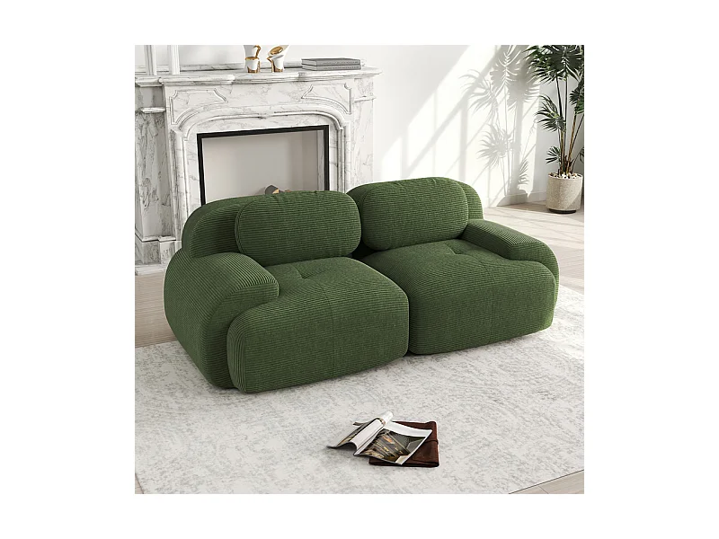 Canapé 2 places modulable en Velours côtelé - avec 2 oreillers - 208x103x75cm - Vert