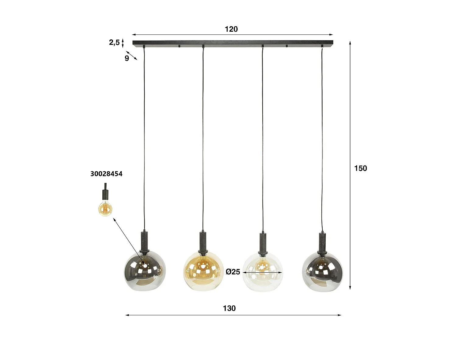 Suspension îlot cuisine 4 globes multicolores NOVA