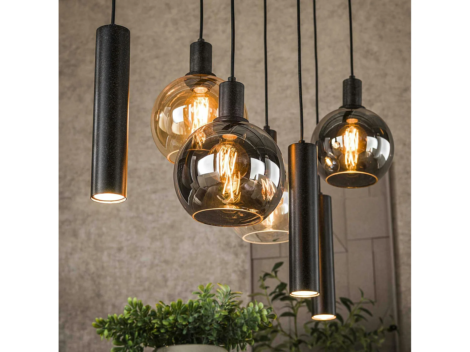 Suspension cuisine vintage - 4 globes verre, 3 cylindres NOVA