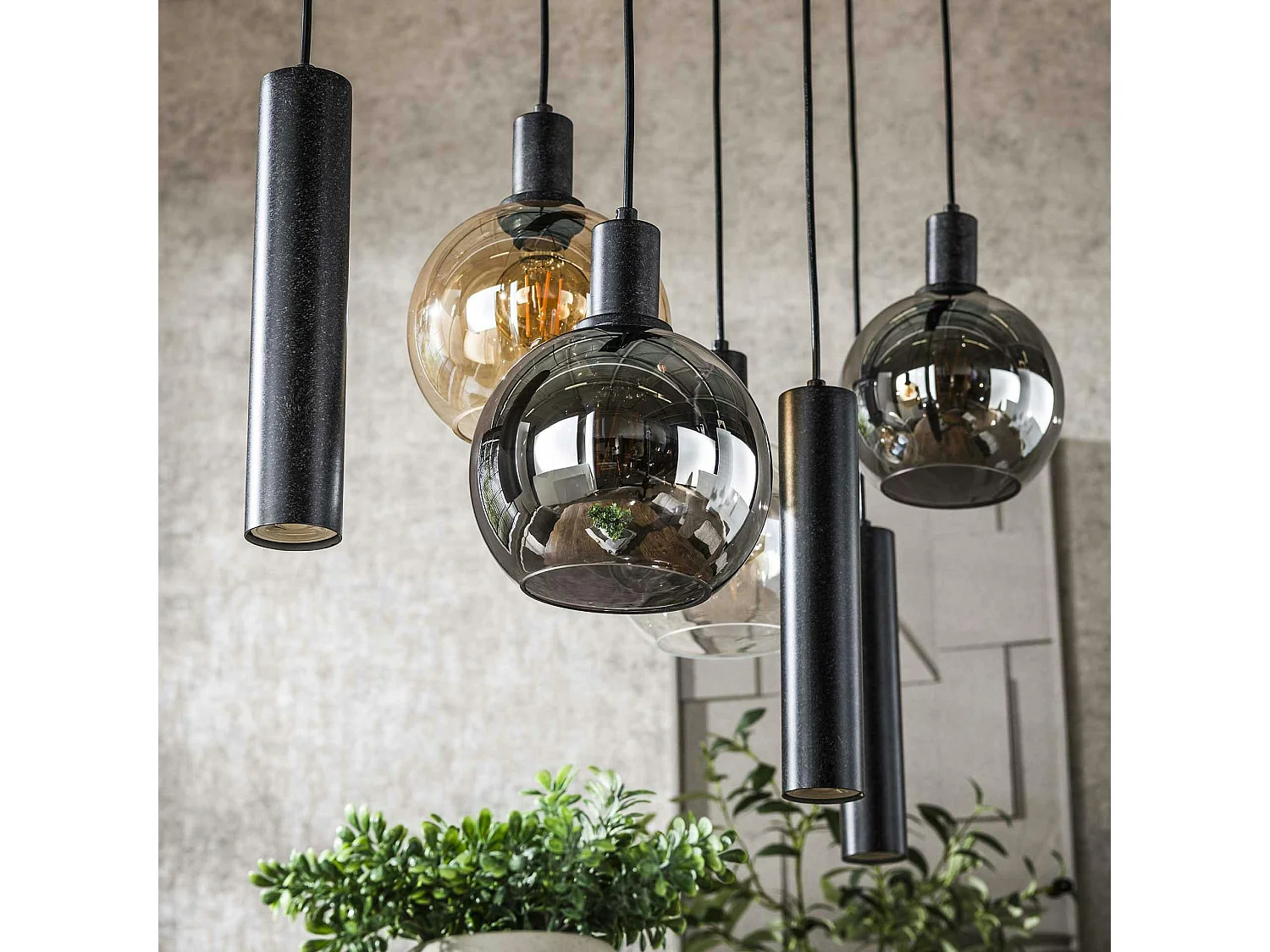 Suspension cuisine vintage - 4 globes verre, 3 cylindres NOVA