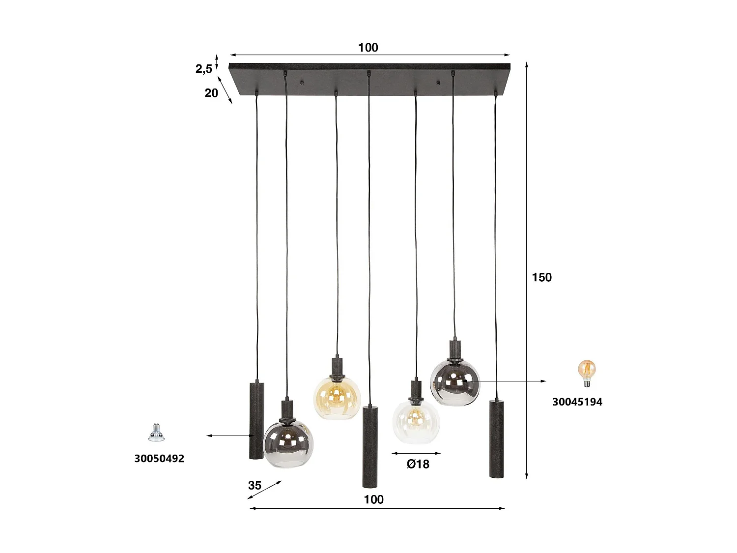 Suspension cuisine vintage - 4 globes verre, 3 cylindres NOVA