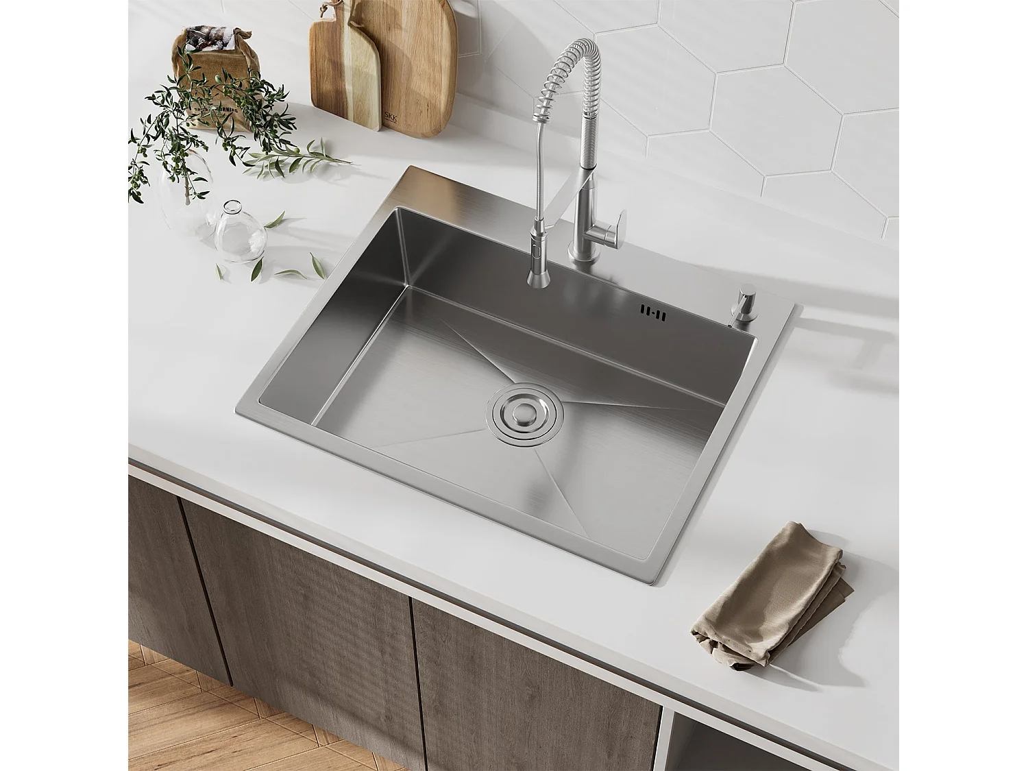 Évier Inox 1 Bac 50x45x22 cm Argent - pour Petite Cuisine & Camping-car - Prépercé avec Filtre