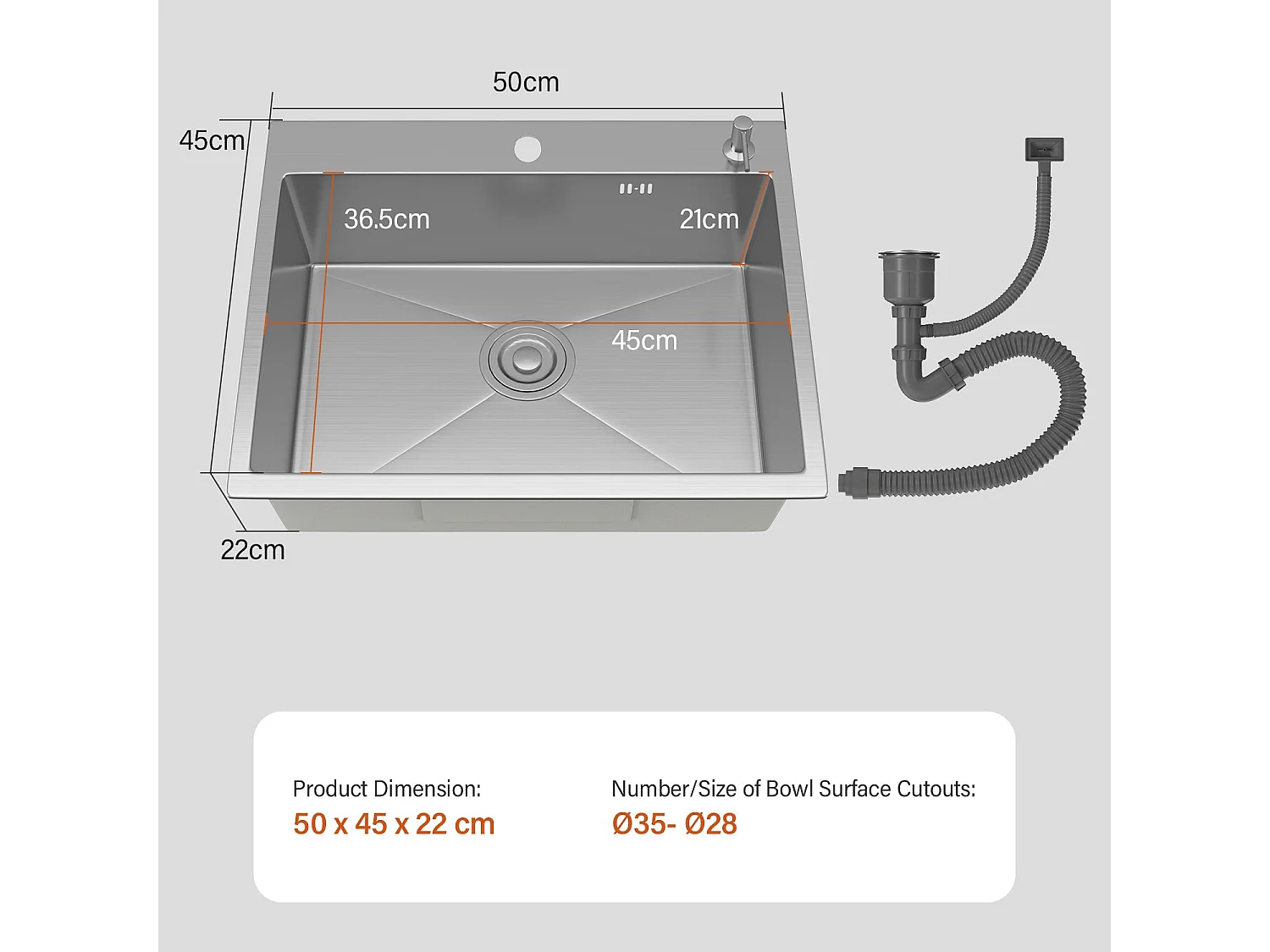 Évier Inox 1 Bac 50x45x22 cm Argent - pour Petite Cuisine & Camping-car - Prépercé avec Filtre