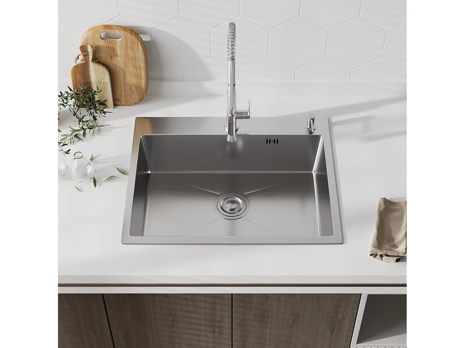 Évier Inox 1 Bac 50x45x22 cm Argent - pour Petite Cuisine & Camping-car - Prépercé avec Filtre