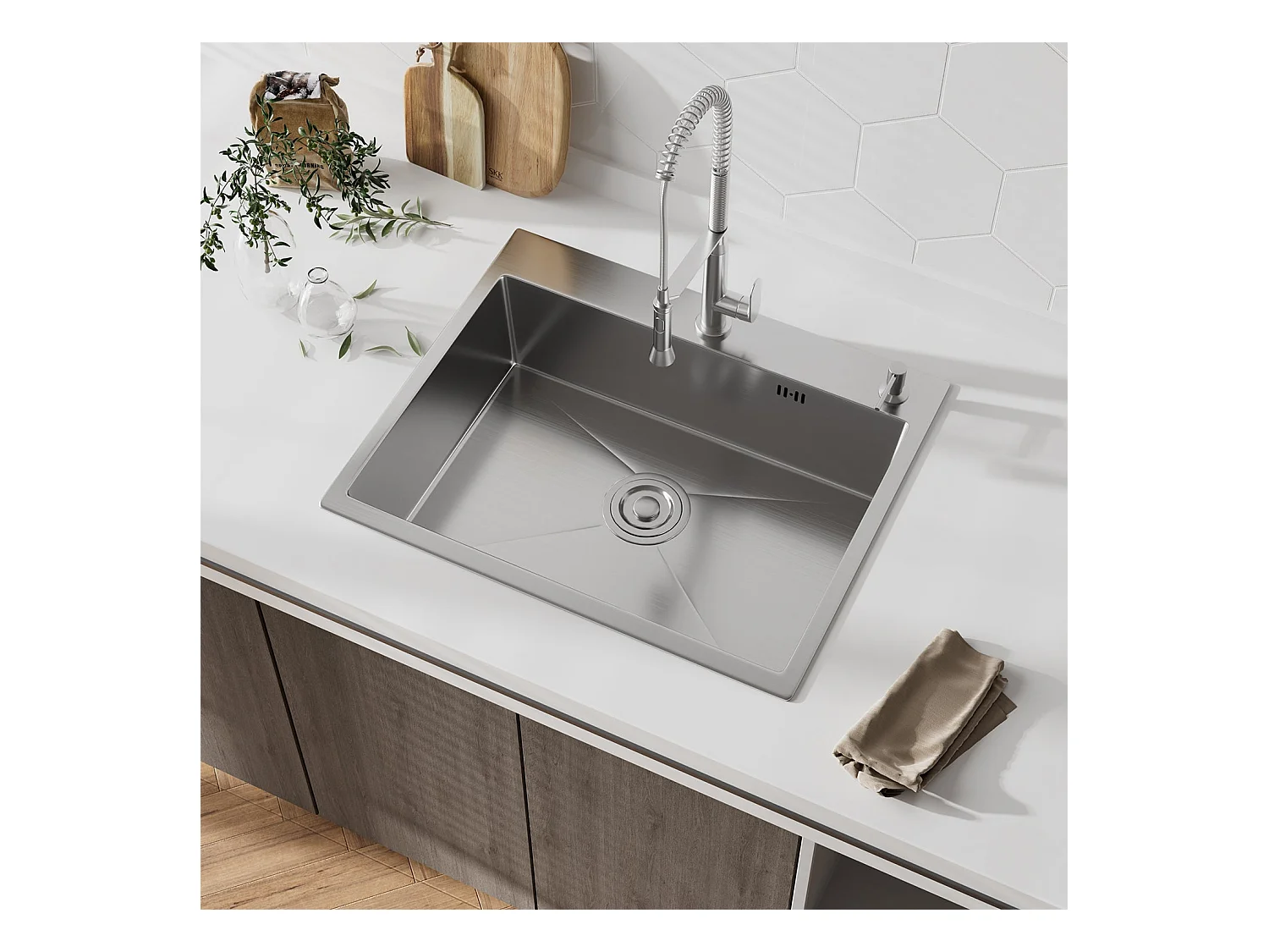 Évier Inox 1 Bac 50x45x22 cm Argent - pour Petite Cuisine & Camping-car - Prépercé avec Filtre