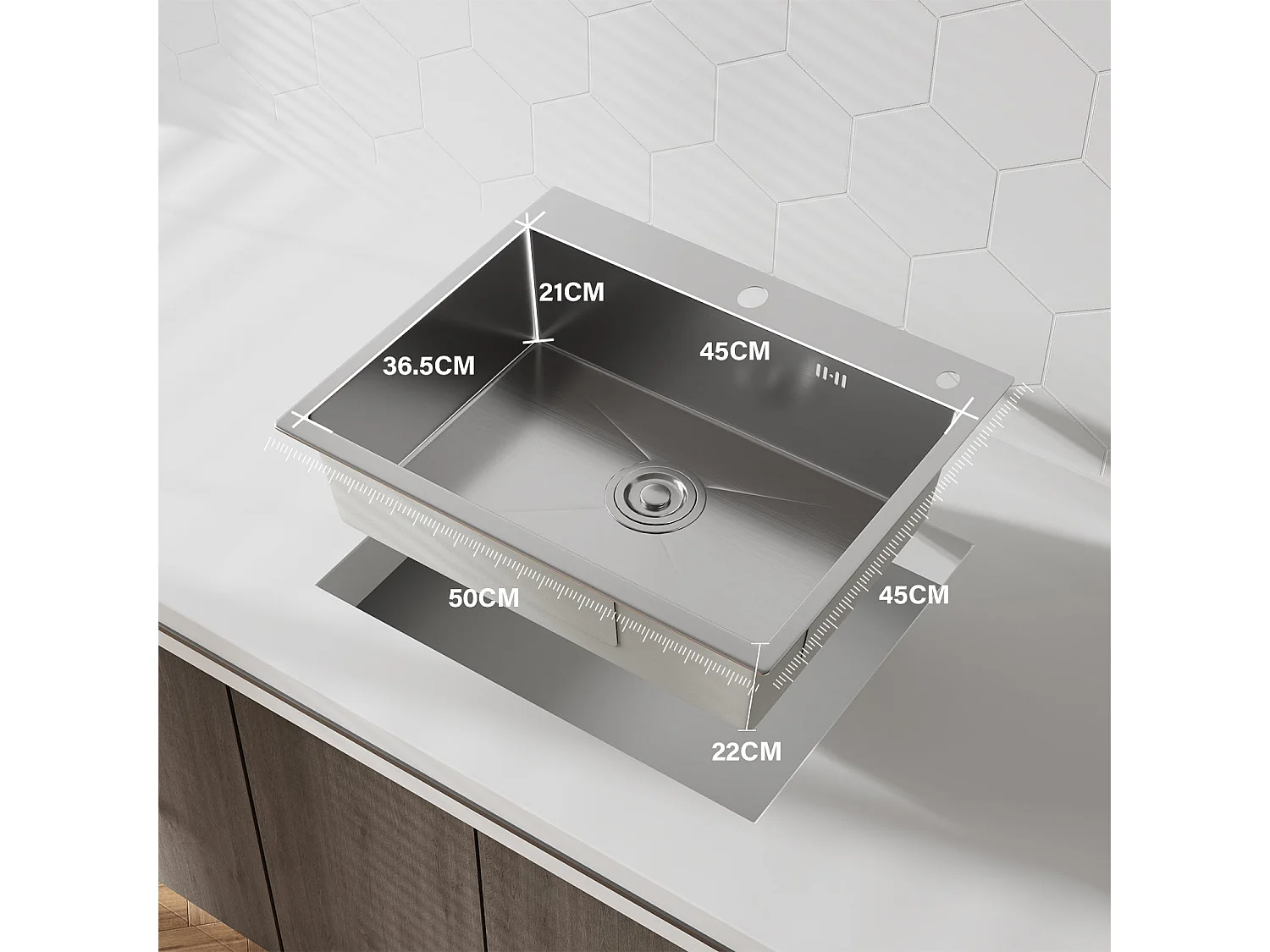 Évier Inox 1 Bac 50x45x22 cm Argent - pour Petite Cuisine & Camping-car - Prépercé avec Filtre