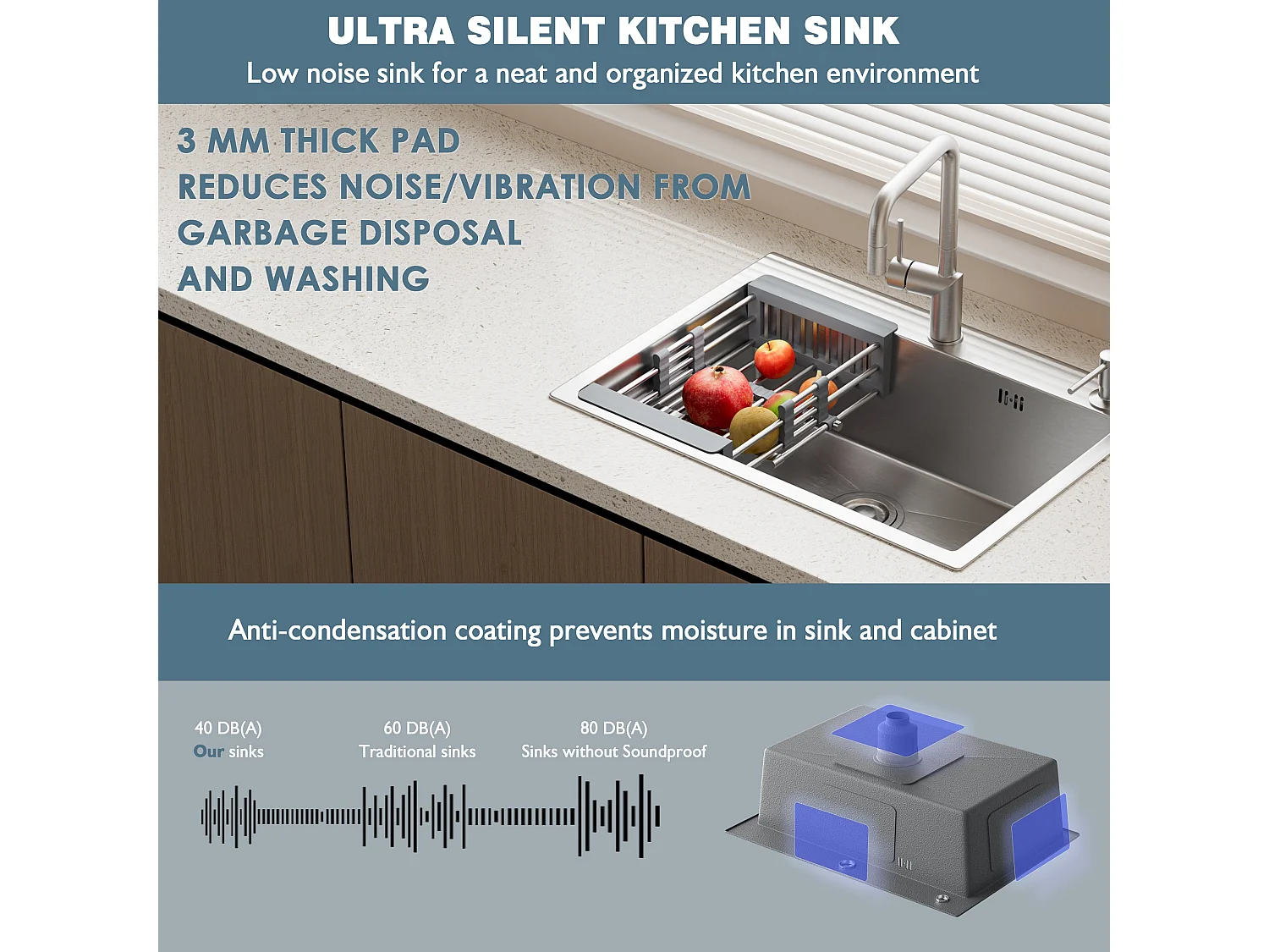 Évier Inox 1 Bac 55x45x19 cm Argent - Évier Encastrable Moderne, Facile à Nettoyer avec Panier & Percé