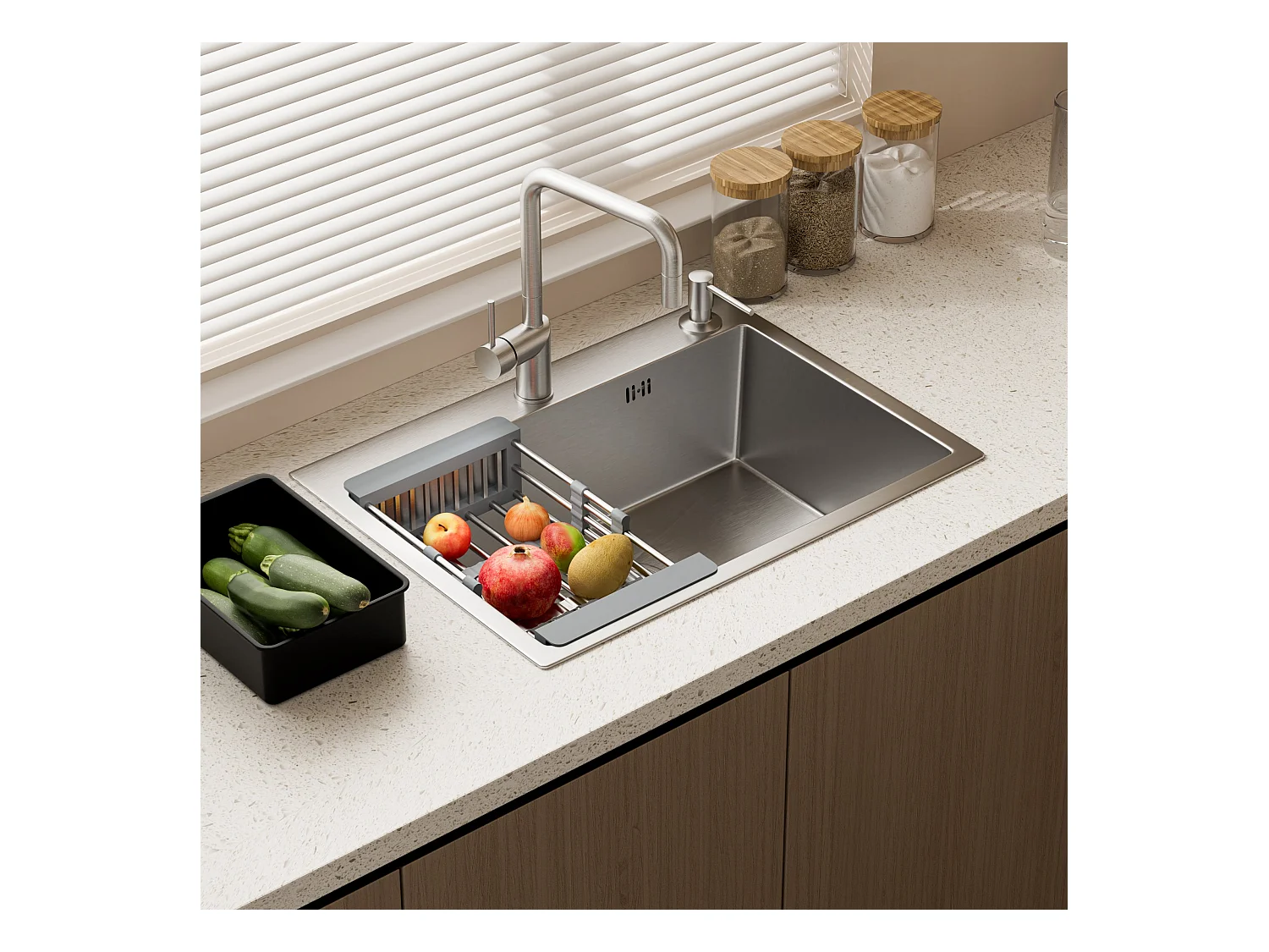 Évier Inox 1 Bac 55x45x19 cm Argent - Évier Encastrable Moderne, Facile à Nettoyer avec Panier & Percé