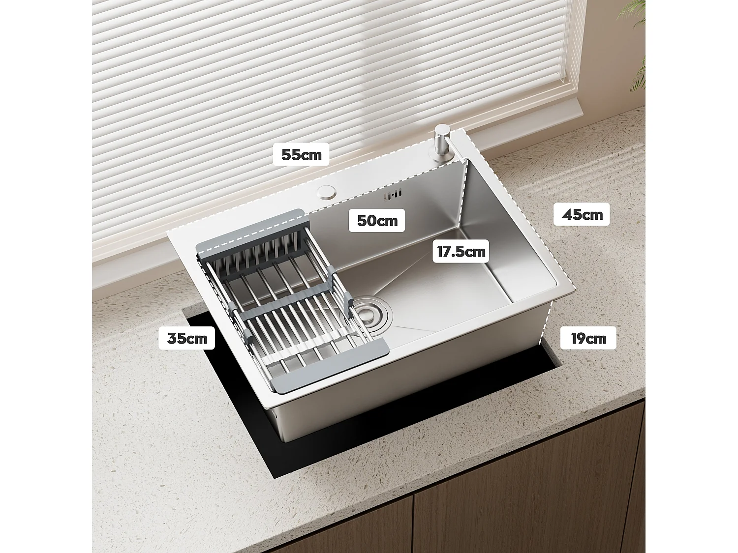 Évier Inox 1 Bac 55x45x19 cm Argent - Évier Encastrable Moderne, Facile à Nettoyer avec Panier & Percé