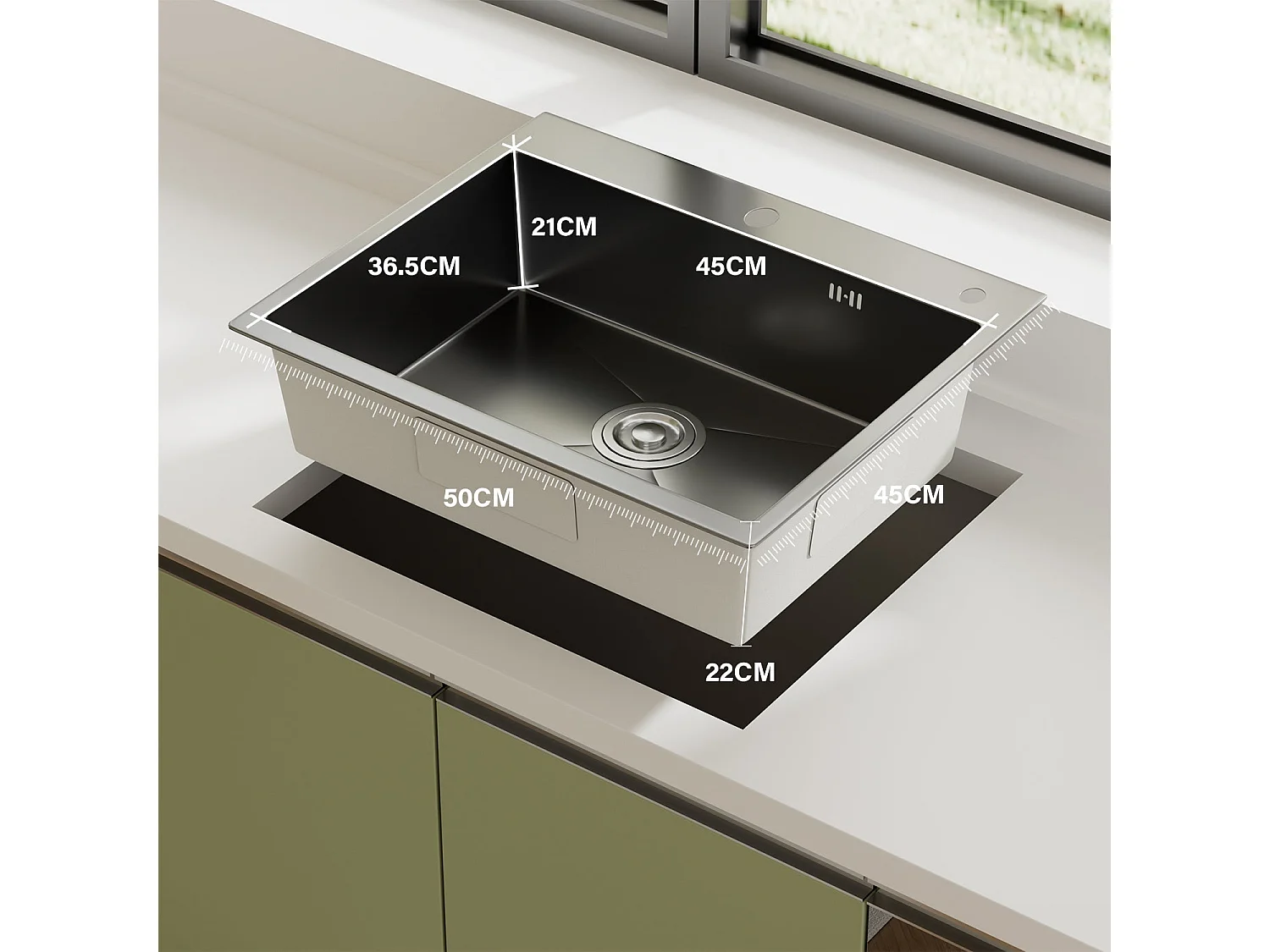 Évier Inox 1 Bac 50x45x22 cm Gris Métallisé - pour Petite Cuisine & Camping-car - Prépercé avec Filtre