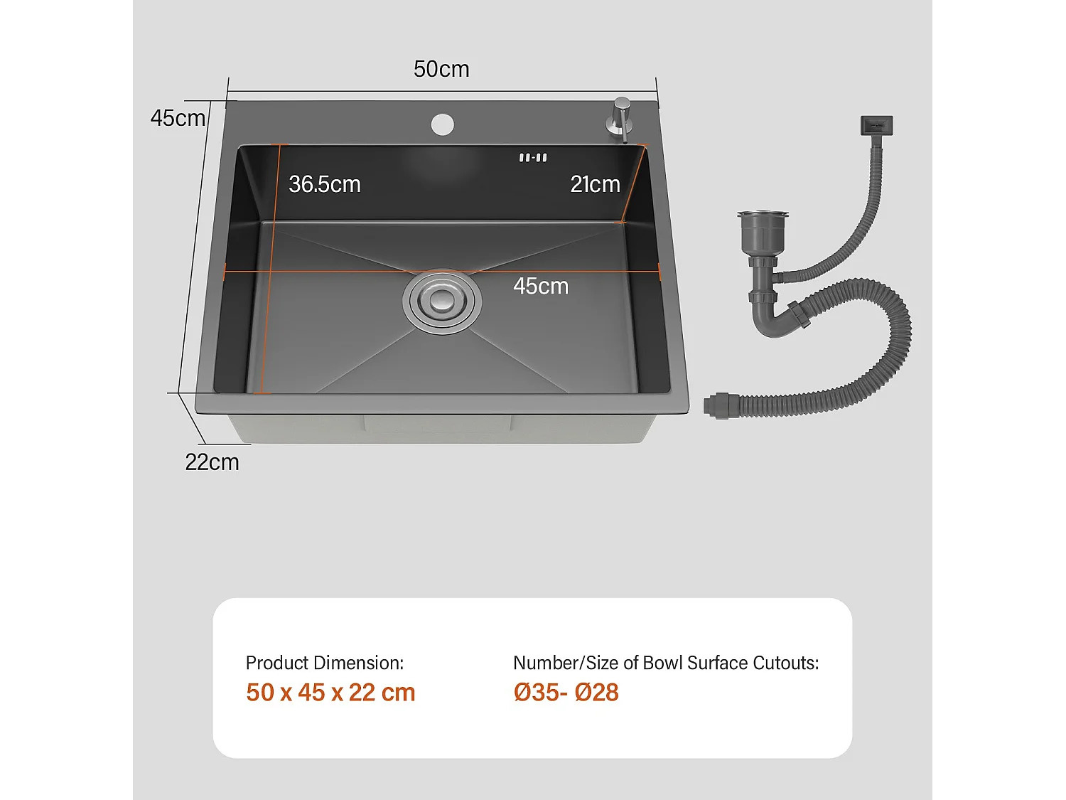 Roestvrijstalen spoelbak met 1 bak 50x45x22 cm Metallic grijs - voor kleine keukens en campers - Voorgeboord met filter