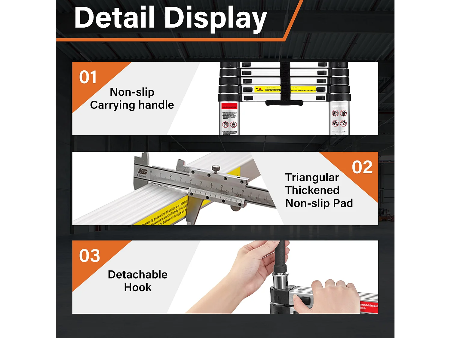 Échelle Telescopique 3,2 M en Aluminium, Escabeau Telescopique Pliable crochet amovible, Charge Max 150 kg