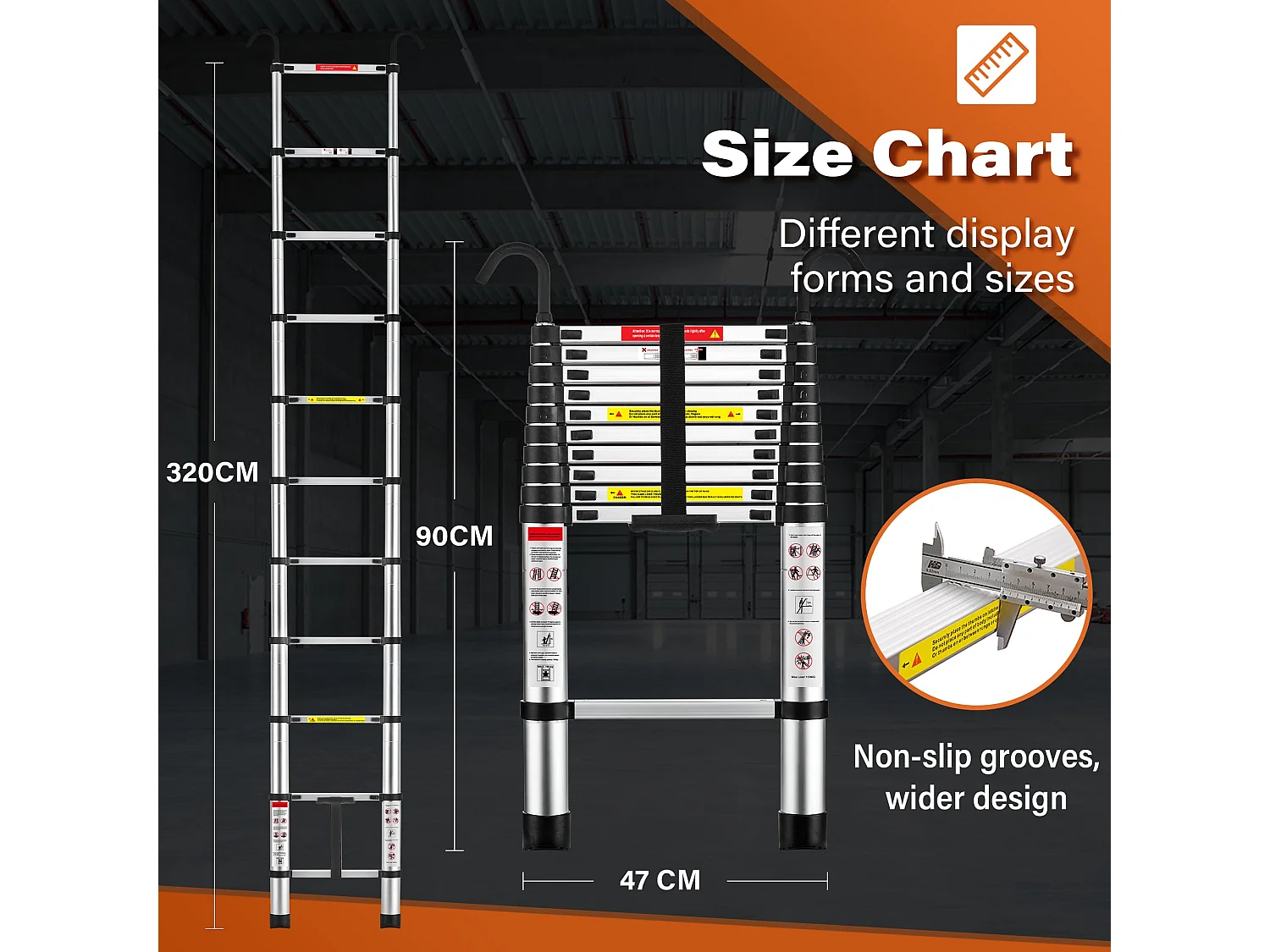 Échelle Telescopique 3,2 M en Aluminium, Escabeau Telescopique Pliable crochet amovible, Charge Max 150 kg
