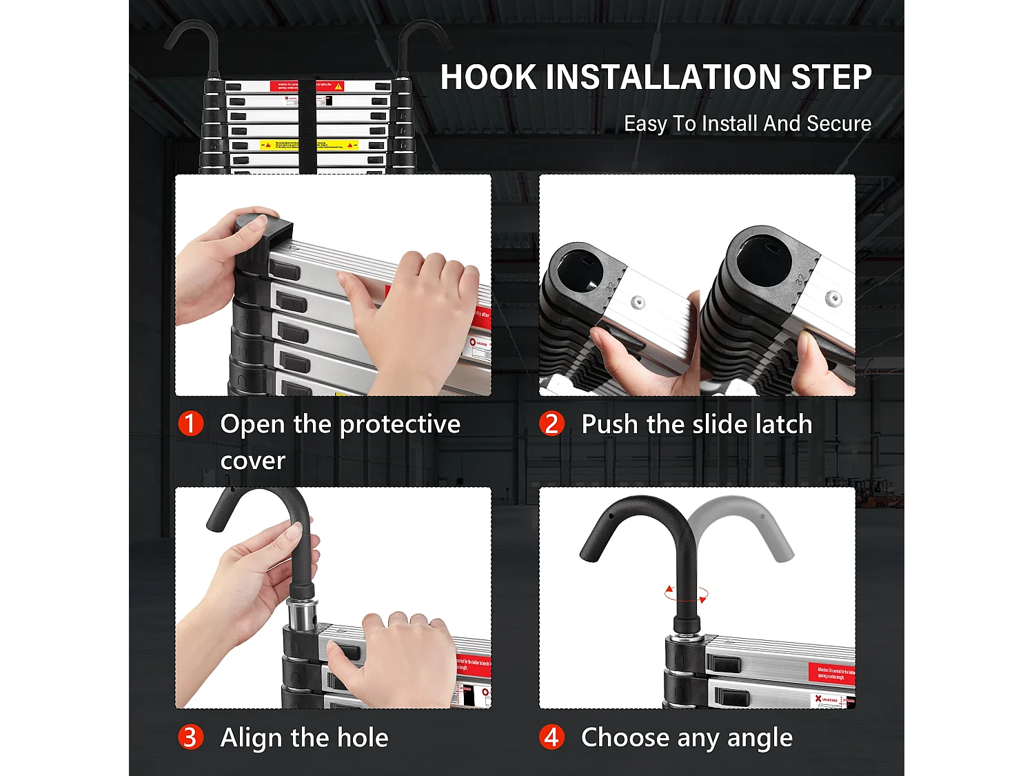 Échelle Telescopique 3,2 M en Aluminium, Escabeau Telescopique Pliable crochet amovible, Charge Max 150 kg