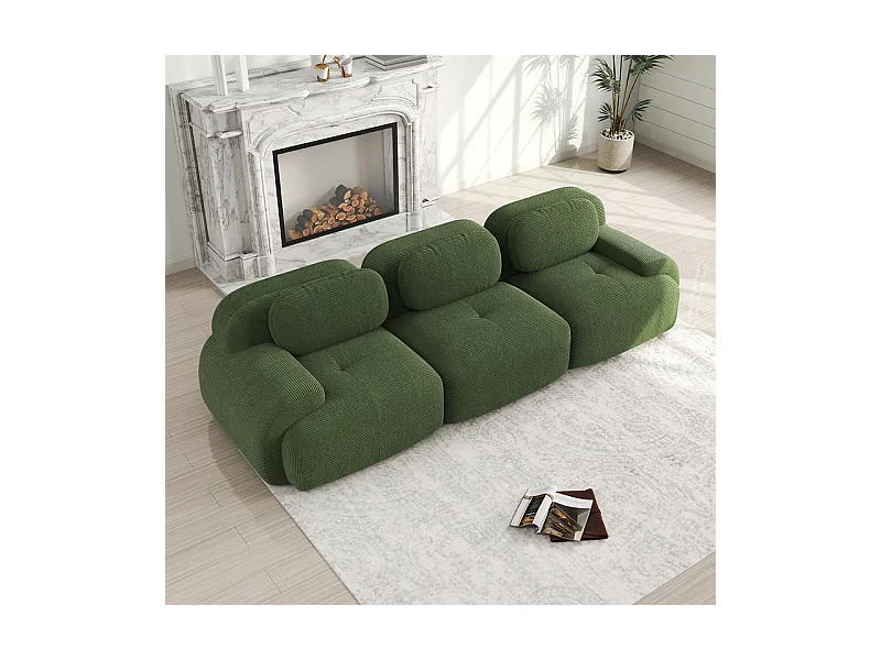 Canapé 3 places modulable en Velours côtelé - avec 3 oreillers - 298x103x75cm - Vert