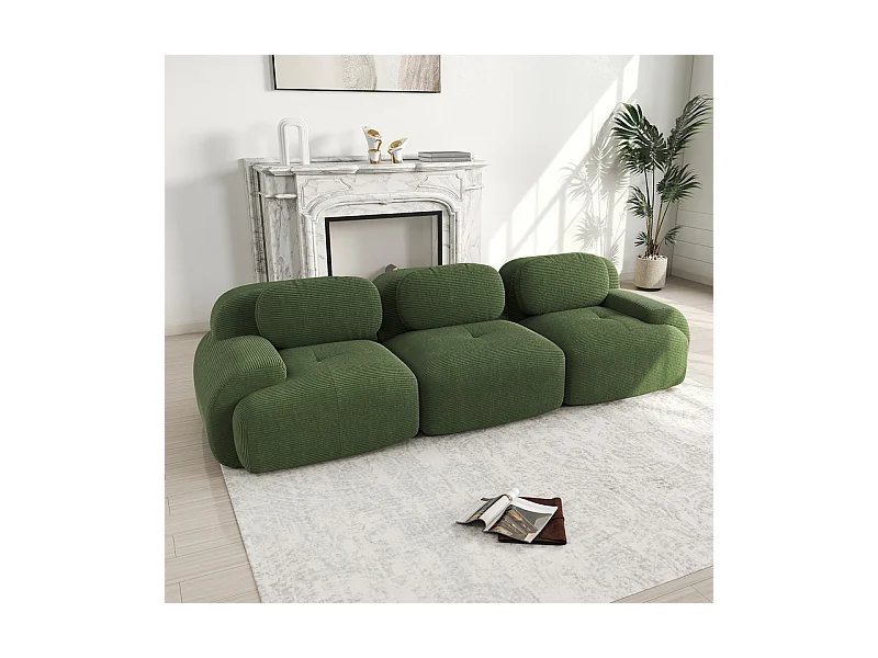 Canapé 3 places modulable en Velours côtelé - avec 3 oreillers - 298x103x75cm - Vert