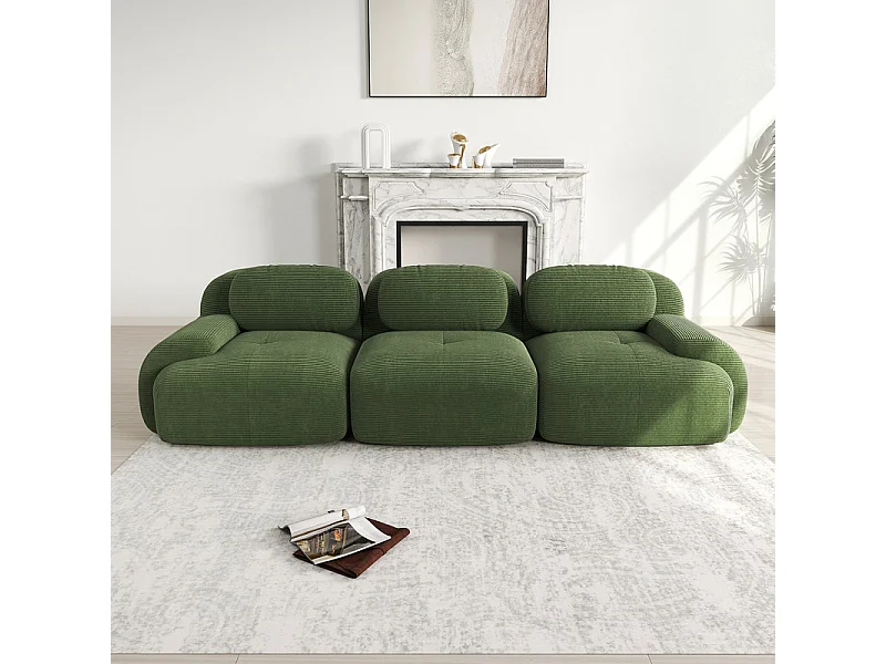 Bank 3 Zits Modulair van Ribfluweel - met 3 Kussens - 298x103x75cm - Groen