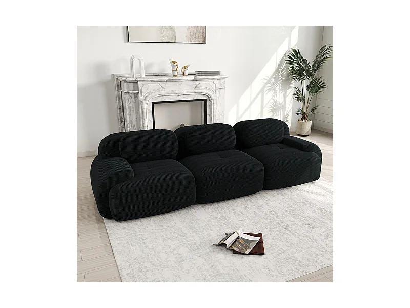 Canapé 3 places modulable en Velours côtelé - avec 3 oreillers - 298x103x75cm - Noir